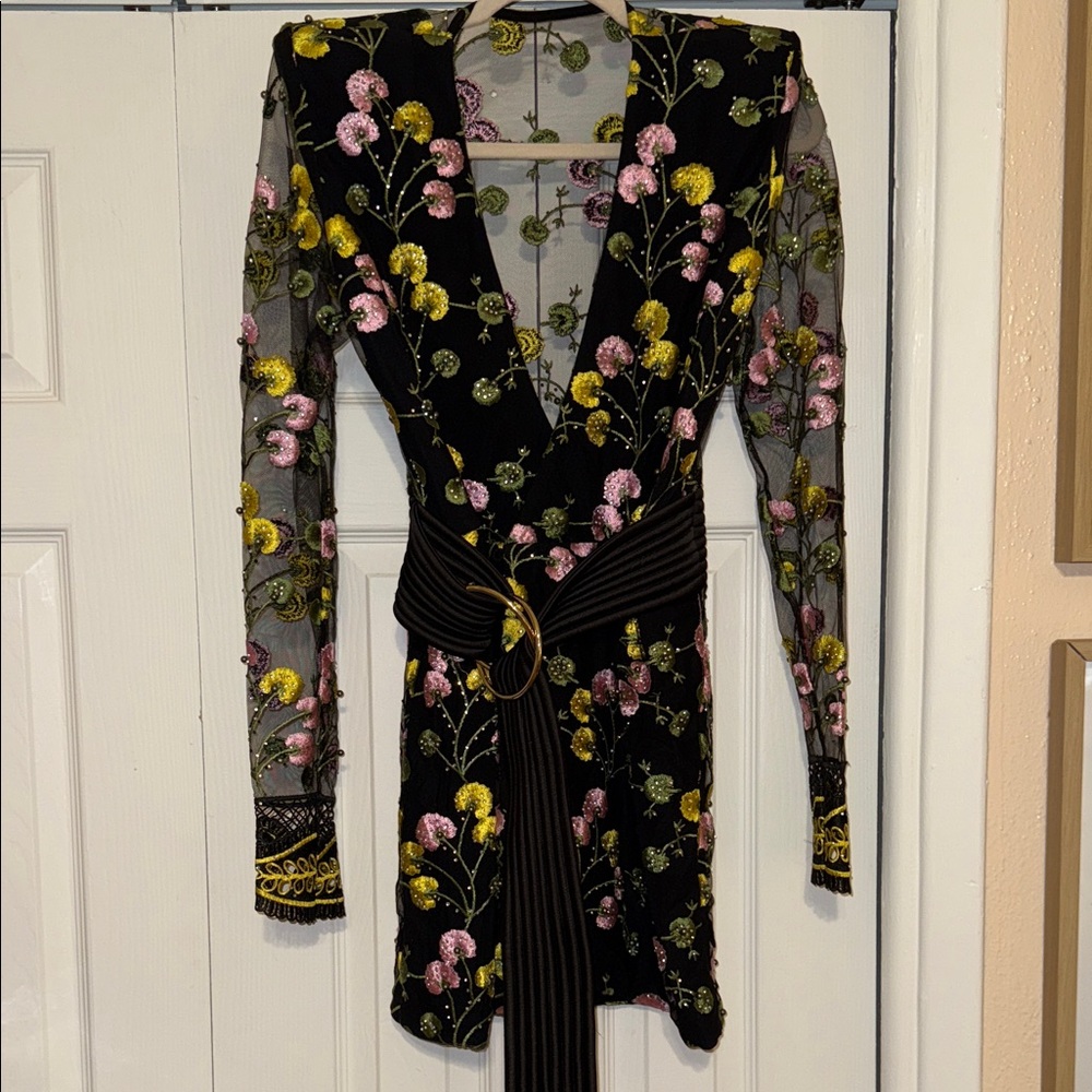 Zhivago Black Dress with Pink and Yellow Floral Embroidery